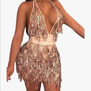 Womens Deep V Neck Sequin Beaded Halter Bodycon Mini Nightclub Party Dress
